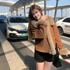 批发毛茸茸外套女冬季时尚韩版2025新款加厚环保皮草牛仔拼接毛绒上衣