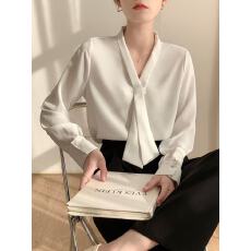 批发法式雪纺设计职业<b class='q'>白色</b>衬衫长袖飘带新款气质女士衬衣通勤洋气上衣