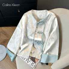 批发高级中式外套印花撞色国风圆领盘扣春季新款提花长袖复古气质上衣