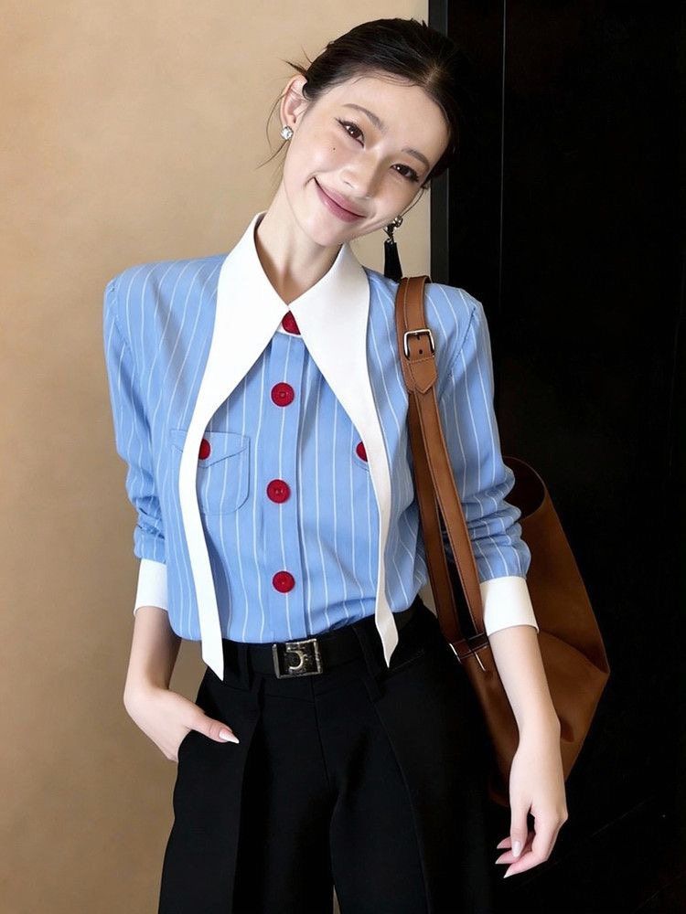 MY17267# 超好看独特漂亮上衣小众不撞款轻奢高级感蓝色条纹衬衫女女裝貨源服裝批發