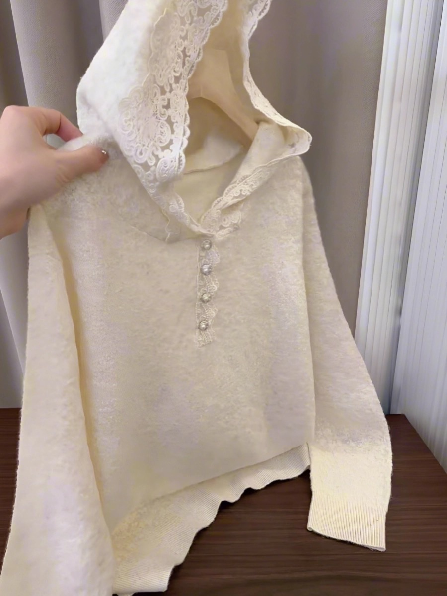 MY17266# 连帽蕾丝勾花针织衫新款提花气质减龄韩版长袖打底帽衫女裝貨源服裝批發