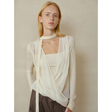 批发someone sometimes原创垂褶交叠网纱假两件丝绒挂脖羊毛针织上衣