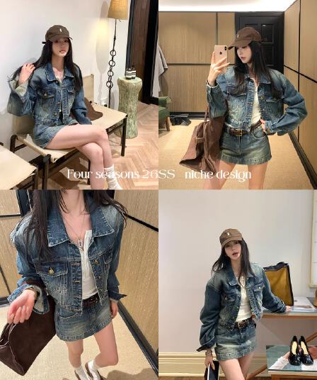 워싱 마 오래된 파란색 데님 여성 코트 이른 봄 착용 가져 가라. 항구 바람 레트로 세트 반신 치마바지 미니 스커트 투피스 세트