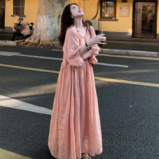 批发<b class='q'>粉色</b>宽松减龄休闲<b class='q'>连衣裙</b>子女夏季长裙2026新款简单大方高级感穿搭