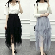 批发2026夏季新款网纱中长款<b class='q'>半身</b>裙女学生沙裙不规则蓬蓬a字裙