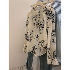 批发新中式墨竹印花衬衫女早春新款设计感高级感薄款小衫上衣