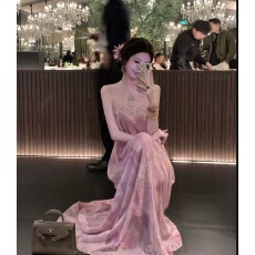 批发雅乔定制富贵花 烫钻网纱拼接金线绣花晕染连衣裙