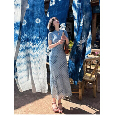 批发新中式国风蕾英俊松涧照复古波点<b class='q'>改良</b><b class='q'>旗袍</b>裙夏收腰水滴领长裙