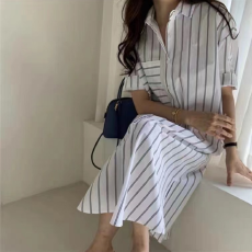 批发夏装新款韩版chic复古条纹短袖衬衫裙过膝宽松连衣裙女