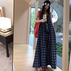 批发夏装新款<b class='q'>大码</b>女装慵懒风格子<b class='q'>背带裤</b>薄款连体阔腿裤