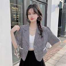 批发千鸟格短袖西装<b class='q'>外套</b>女夏季薄款气质法式小香风短款小西服<b class='q'>休闲</b>上衣