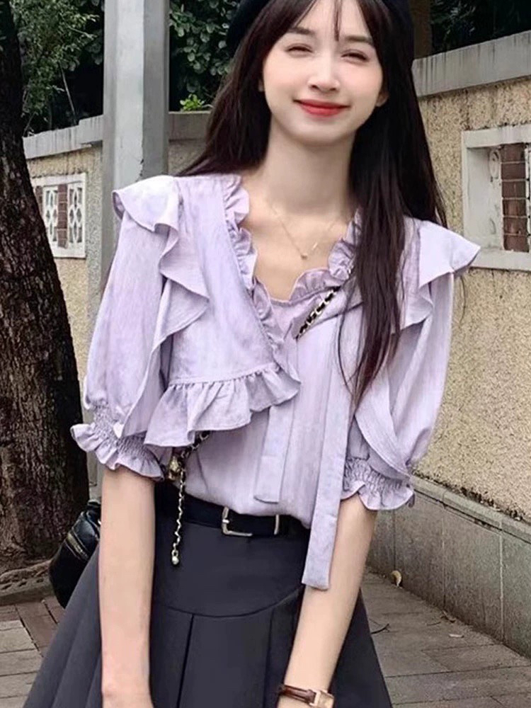 여름 드레스 새로운 빅 사이즈 부드러운 바람 반팔 셔츠 작은 대중 디자인 센스 프릴 아름다운 다용도 맨위 여성