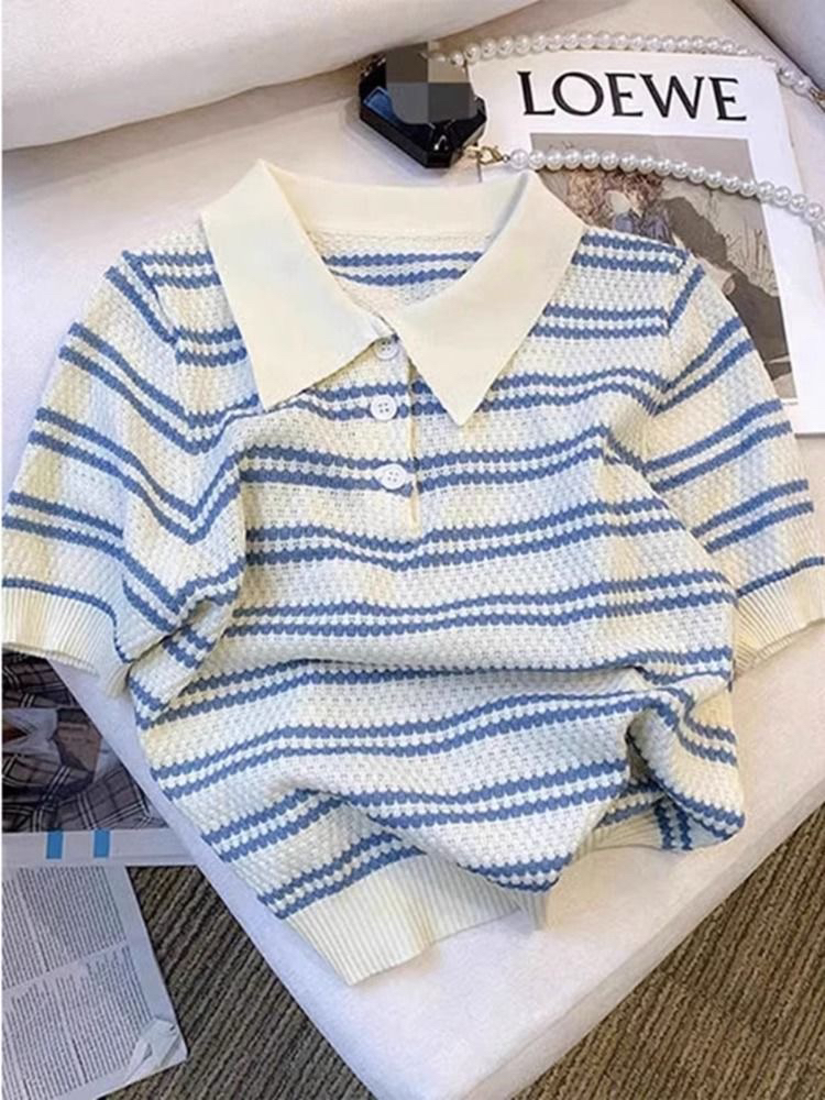 한 부서 chic 스트라이프 배색 니트 반팔 티셔츠 여성 여름 POLO 칼라 루즈핏 캐주얼 얼음 실크 얇은 스타일 맨위