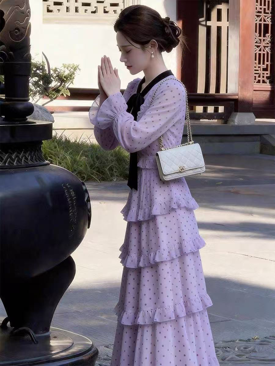 보라색 레이스업 도트 무늬 케이크 여성 드레스 봄 여름 예술 건강 밝은 착용 가져 가라. 다용도 작은 대중 아니요 명중 섹션 치마