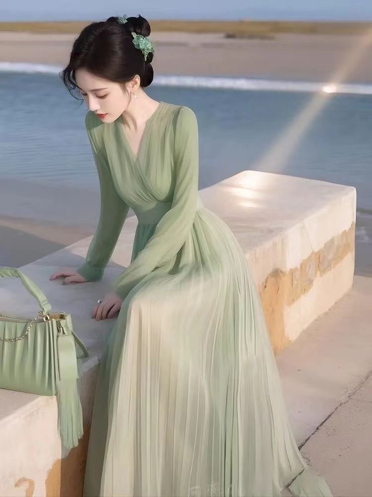 2026 새로운 녹색 쉬폰 드레스 열린 봄 품격 착용 가져 가라. 아름다운 해변 드레스 아이들 해변가 휴가 슈퍼 요정