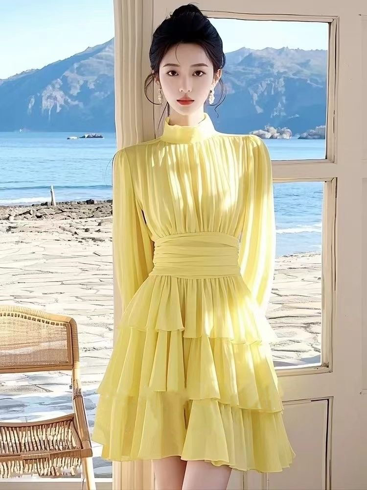 봄 새로운 프랑스식 부유 한 가족 천 골드 그는 벤 바람 고급 센스 아름다운 황색 허리 수축 프릴 드레스