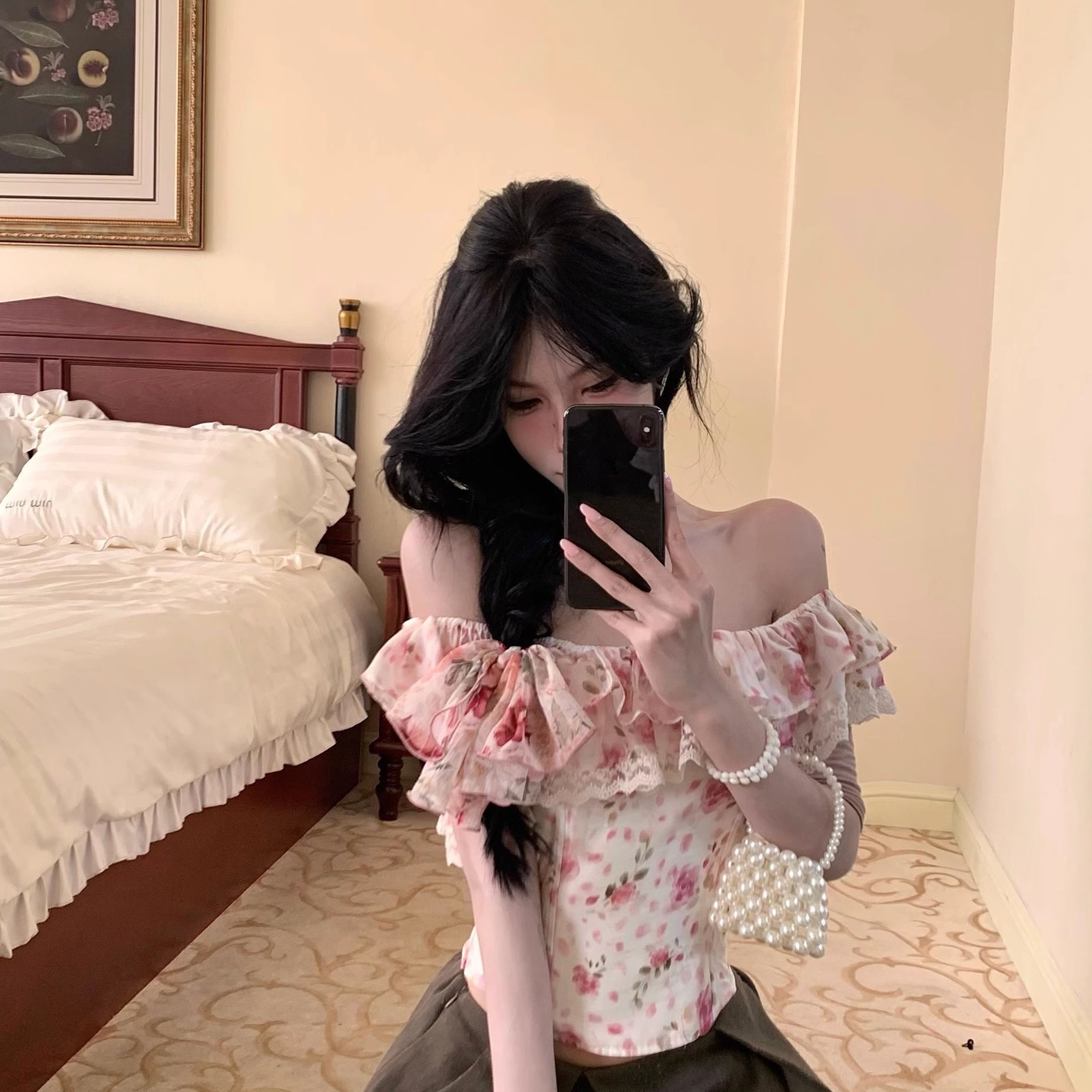 프랑스식 달콤한 스타일 꽃무늬 프릴 레이스 조각 튜브탑 조끼 여성 봄 여름 새로운 오프숄더 연령 감소 맨위
