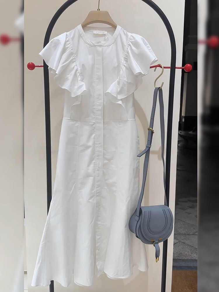 센 부서 편안함 2026 여름 새로운 고급 디자인 센스 루즈핏 슬림해 보이는 느긋한 프릴 순수한 흰색 여성 드레스