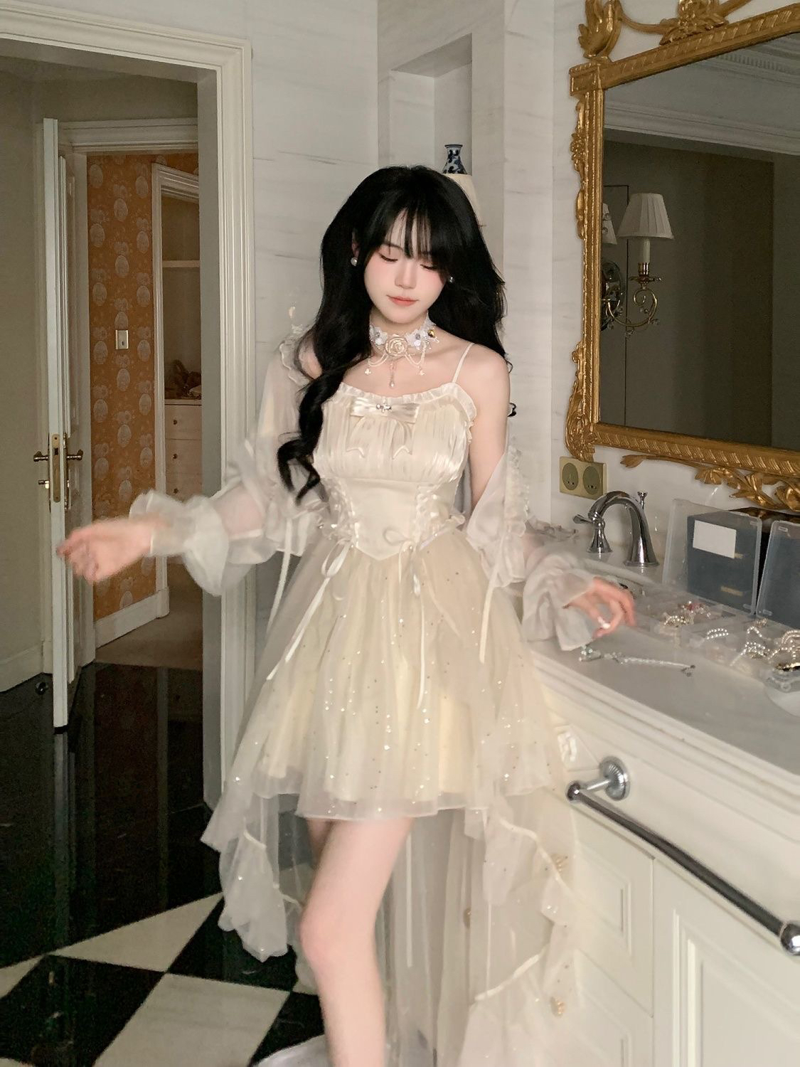 품격 공주 드레스 망사 뿌리다 골드 스팽글 디자인 센스 슬립 드레스 끌기 꼬리 여름 오픈 가디건 작은 청신 세트 여성