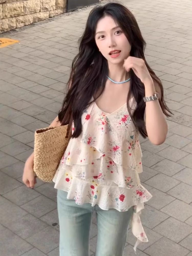 불규칙 꽃무늬 V넥 캐미솔 여름 외출용 인사이드 가져 가라. 루즈핏 품격 프릴 리본 민소매 맨위