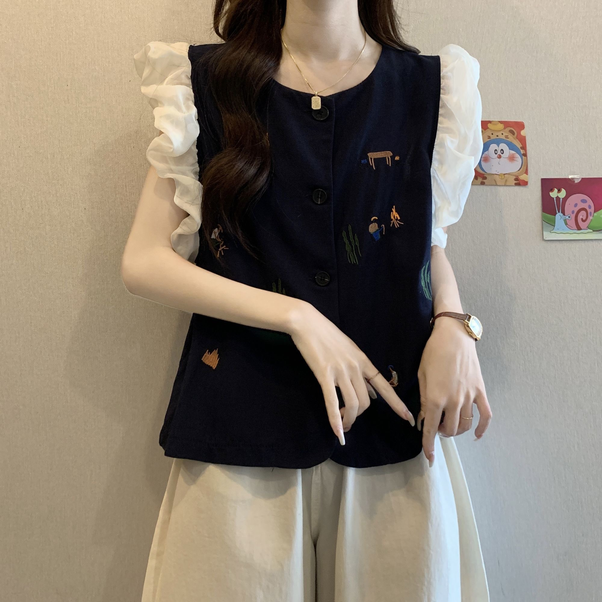 빅 사이즈 한 부서 만화 패턴 Feifei 소매 여성 셔츠 여름 새로운 지방 mm 표지 고기 외출용 민소매 맨위