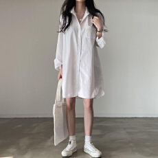 批发<b class='q'>中长款</b>衬衫纯色气质翻领衬衫连衣裙女宽松休闲叠穿内搭衬衣裙