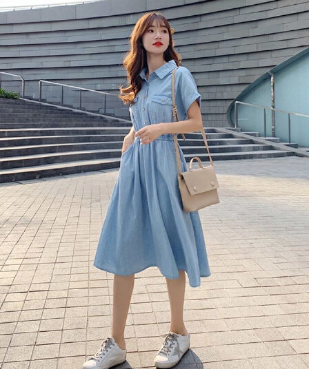 얇은 스타일 모방 데님 여성 드레스 여름 2026 새로운 한국 스타일 품격 허리 수축 셔츠 드레스 다용도 중간 길이 치마