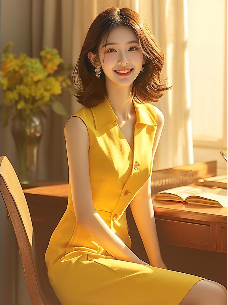 프랑스식 그는 벤 바람 슈퍼 잘 생긴 위엄있는 대기 고급 절묘한 황색 민소매 드레스 여성 의류 여름 고급 센스