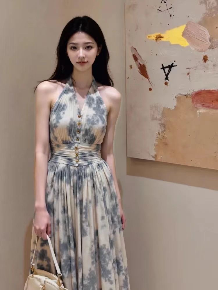 새로운 중식 블루 색 후광 염색 행침 목 여성 드레스 2026 여름 빛 요리 한 작은 대중 아니요 명중 섹션 프랑스식 꼬집기 허리 롱 스커트
