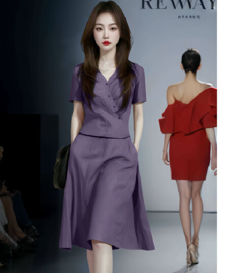 폭발 보라색 투피스 슈트 반 스커트 여성 여름 외국 가스 연령 감소 표지 배 슬림해 보이는 위아래로 분리형 허리 치마 세트