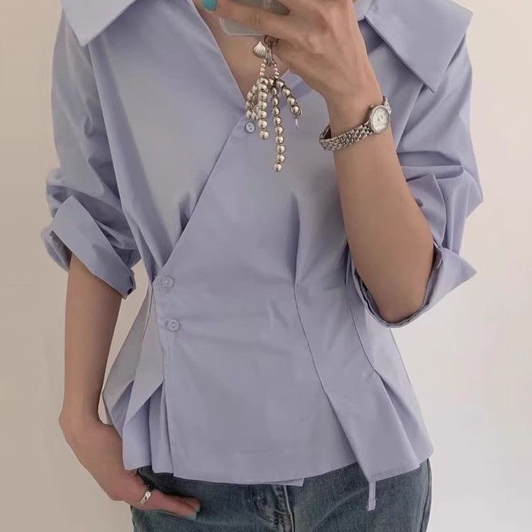 디자인 센스 긍정적 인 어깨 POLO 칼라 불규칙 주름 여성 셔츠 여름 새로운 작은 대중 다용도 슬림해 보이는 맨위