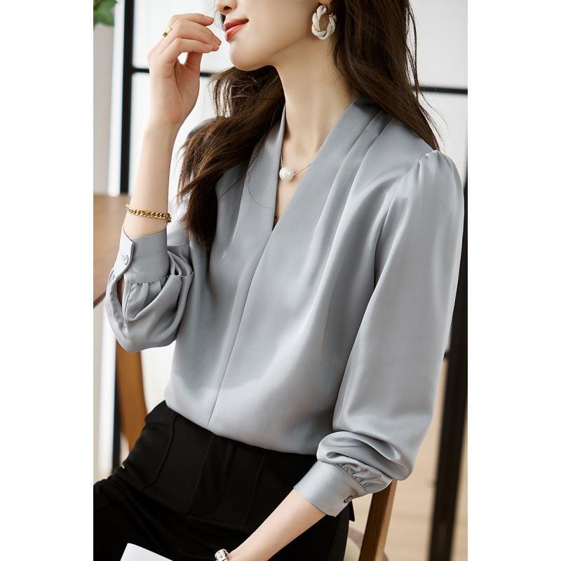 한 팬 디자인 센스 미니멀리즘 여성 셔츠 봄 가을 품격 V넥 고급 센스 빛 요리 한 바람 출퇴근 쉬폰 블라우스 맨위