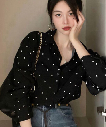 프랑스식 작은 대중 레트로 흑인과 백인 색상 도트 무늬 쉬폰 셔츠 여성 긴 소매 맨위 봄 드레스 새로운 Chic 아름다운 작은 셔츠