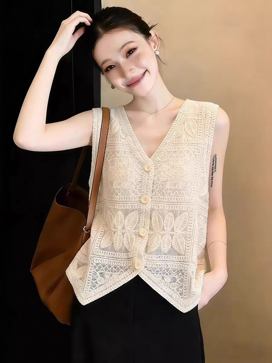 2026 봄 여름 프랑스식 자수 홀로우 아웃 V넥 베스트 조끼 자켓 오픈 가디건 다용도 베스트 니트 스웨터 맨위 여성
