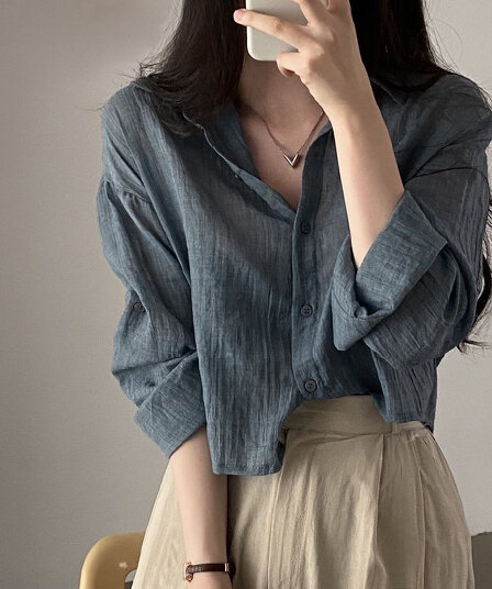 한국 chic 봄 레트로 연령 감소 싱글 줄 버튼 폴로 칼라 주름 센스 긴팔 셔츠 루즈핏 쇼트 스타일 자외선 차단 셔츠
