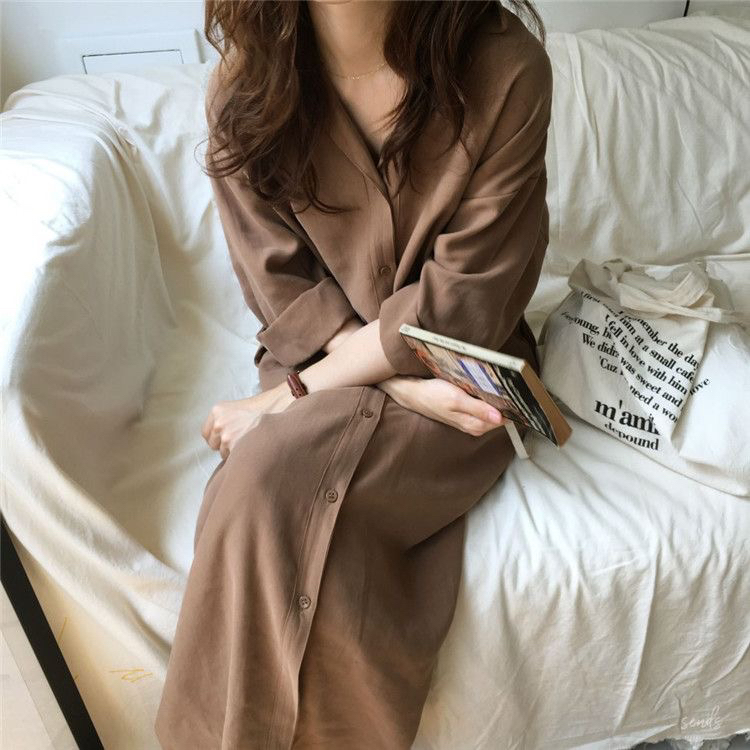 레이스업 셔츠 드레스 여성 단색 치마 2026 봄 새로운 한국 스타일 루즈핏 학생 프랑스식 명문 여성 드레스 트렌디