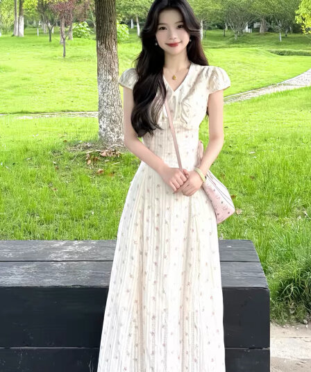 프랑스식 부드러운 바람 V넥 꽃무늬 여성 드레스 여름 작은 키 자이언트 잘 생긴 품격 달콤함 연령 감소 허리 수축 치마