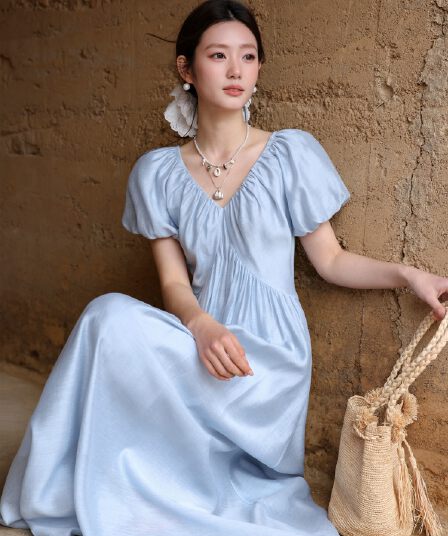 매화 요리 한 플러그 Na 휴일 라이 경기 서울 아세트산 아마 프랑스식 그는 벤 거품 소매 V넥 드레스