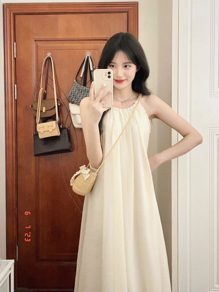 차 휴식 프랑스식 부드러운 바람 쉬폰 행침 목 슬립 드레스 민소매 여름 감정 루즈핏 슬림해 보이는 롱 스커트