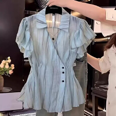 批发2026<b class='q'>夏季</b>法式V领条纹雪纺短袖衬衫女大码胖mm遮肚收腰显瘦上衣