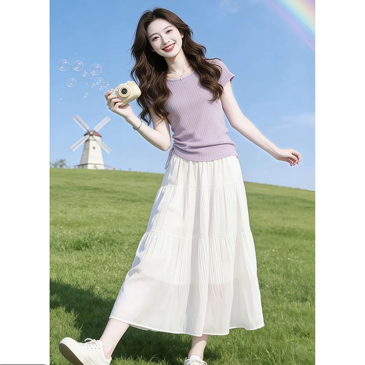 패션 캐주얼 세트 여성 여름 새로운 라운드 넥 반팔 반신 스커트 미니멀리즘 출퇴근 일상 두 조각 여성 세트