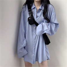 批发韩风chic防晒纯色<b class='q'>长袖</b>薄款韩版bf风宽松中长款学生衬衫上衣外套女