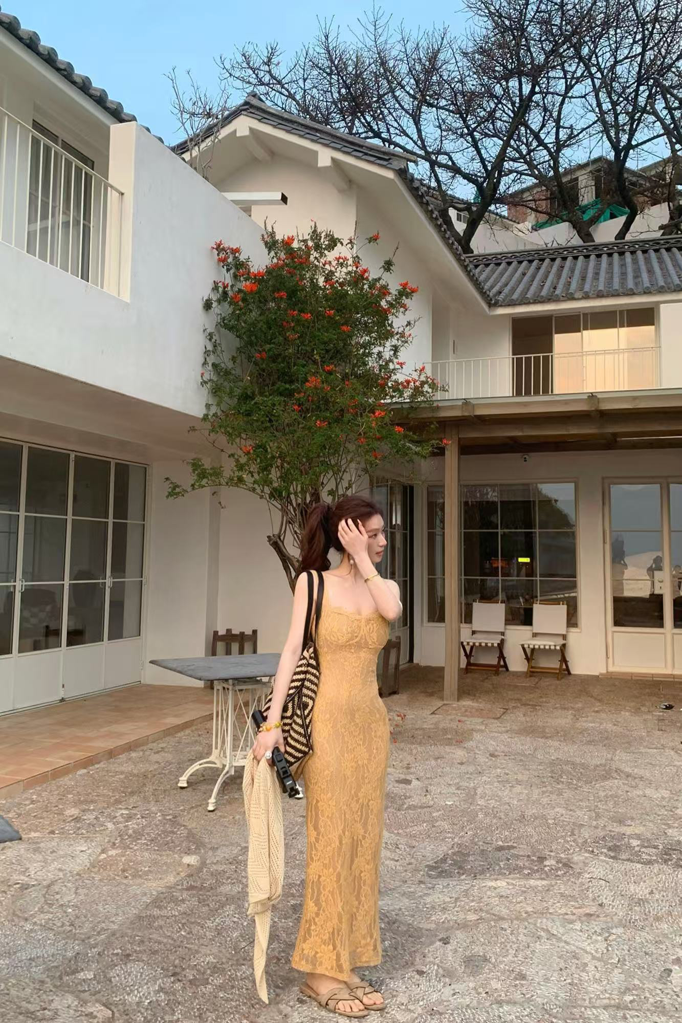 sya 크 사이 작은 웨스트 프랑스식 광장 칼라 레이스 슬립 몸매 가꾸기 롱 코트 여성 드레스 여름 섹시함 부드러운 치마