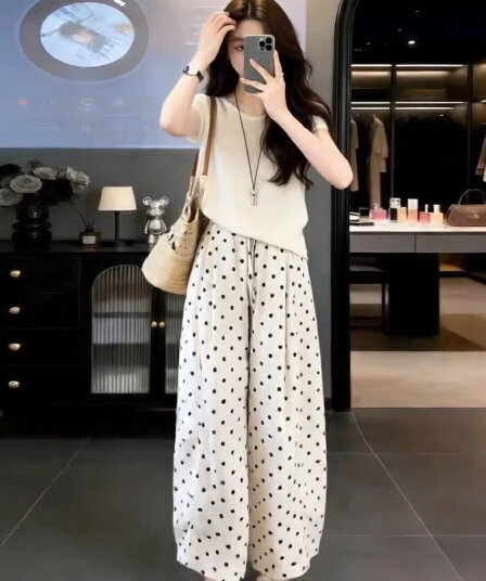 자이언트 잘 생긴 ootd 착용 가져 가라. 전체 집합 2026 새로운 반팔 티셔츠 여성 여름 와이드 레그 팬츠 캐주얼 투피스 슈트