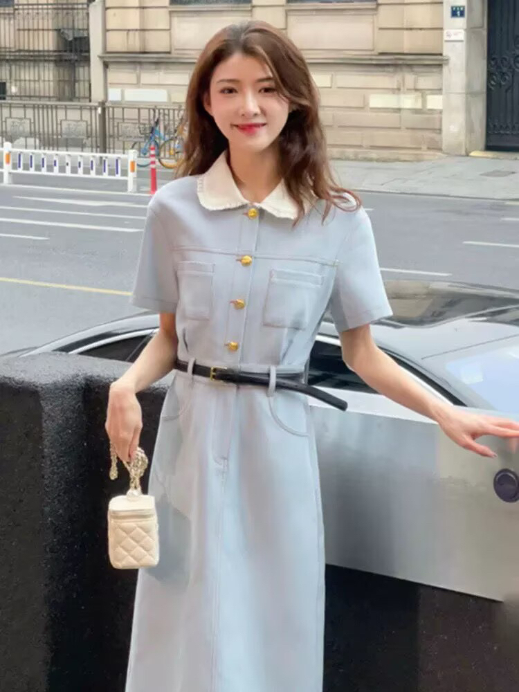 프랑스식 작은 샤넬 스타일 베이비 칼라 파란색 여성 드레스 여름 허리 수축 품격 고급 센스 도파민 한 부서 치마