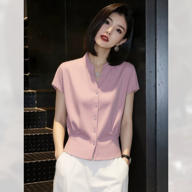 부드러운 바람 핑크색 싱글 줄 버튼 여성 셔츠 여름 2026 년 새로운 고급 빛 럭셔리 반팔 고유 한 Chic 셔츠