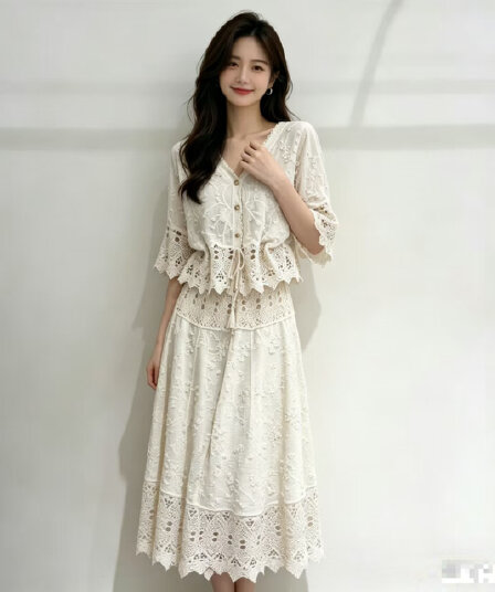 패션 레트로 홀로우 아웃 빛 럭셔리 외국 가스 배트윙 소매 루즈핏 슬림해 보이는 레이스 자수 투피스 세트