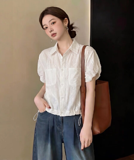 거품 소매 긍정적 인 어깨 반팔 여성 셔츠 여름 새로운 빅 사이즈 지방 mm 연령 감소 작은 셔츠 밑단 펌프 로프 맨위