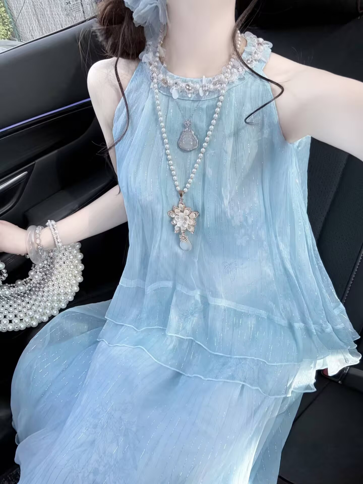 블루 안개 소문 뽕나무 누에 실크 페이크 레이어드 행침 목 여성 드레스 여름 작은 키 휴가 바람 롱 스커트