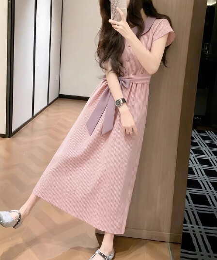 2026 년 새로운 부유 한 가족 천 골드 miu 부서 착용 가져 가라. 프랑스식 이른 봄 아름다운 핑크색 반팔 여성 드레스 여름